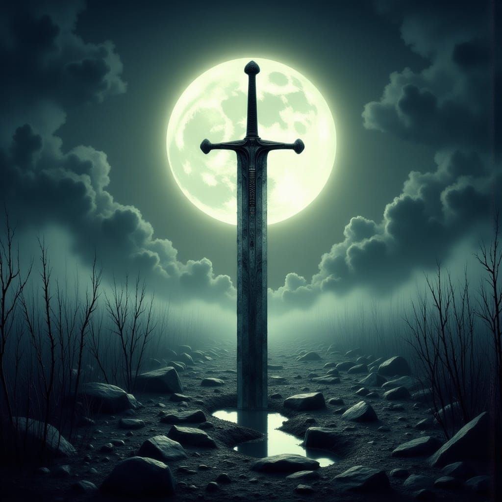 Glowing Sword on Desolate Battlefield