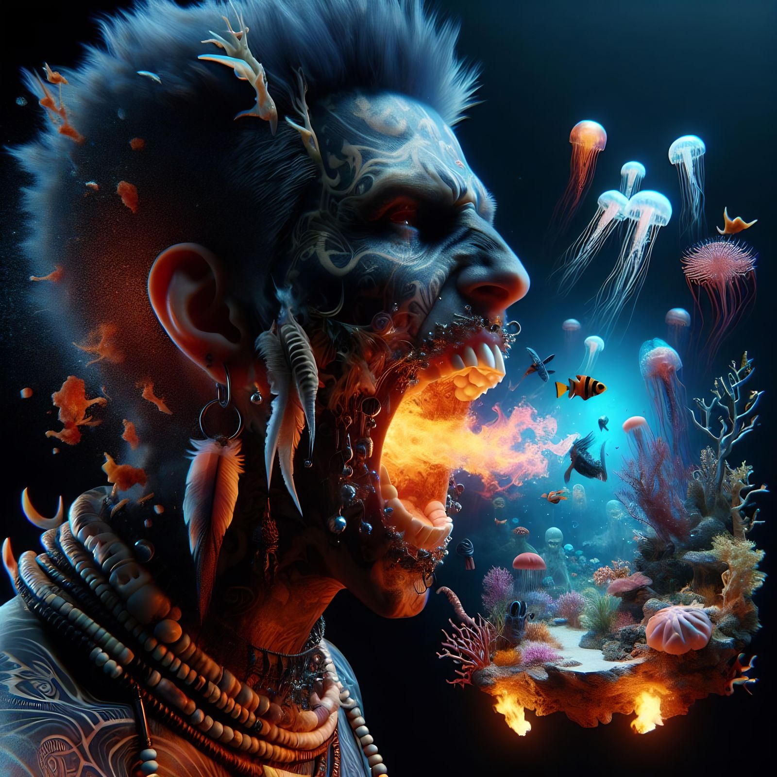 Mystical Shaman Exhaling Underwater Realm
