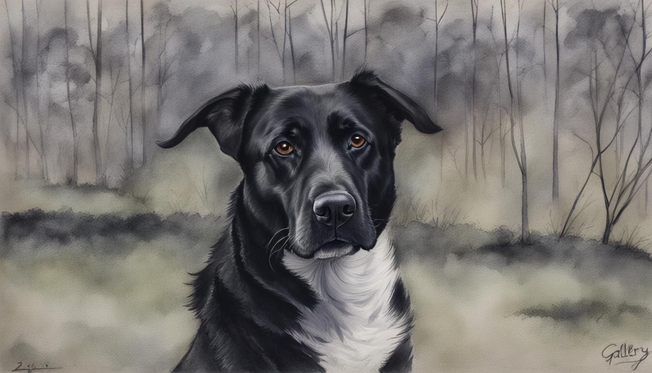 Old Black Dog Portrait in Pencil and Ink Style