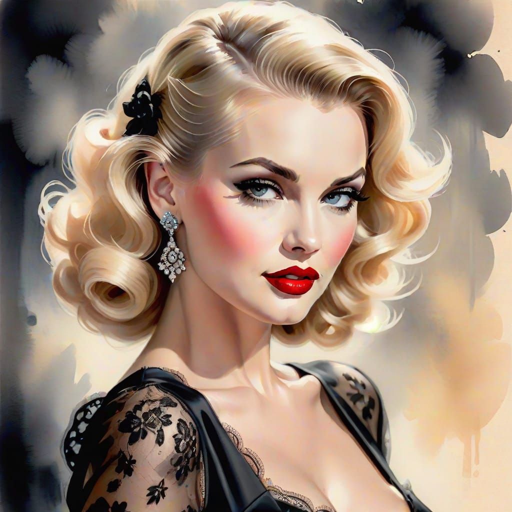 Watercolor Pin-Up Princess in Elegant Black Lace