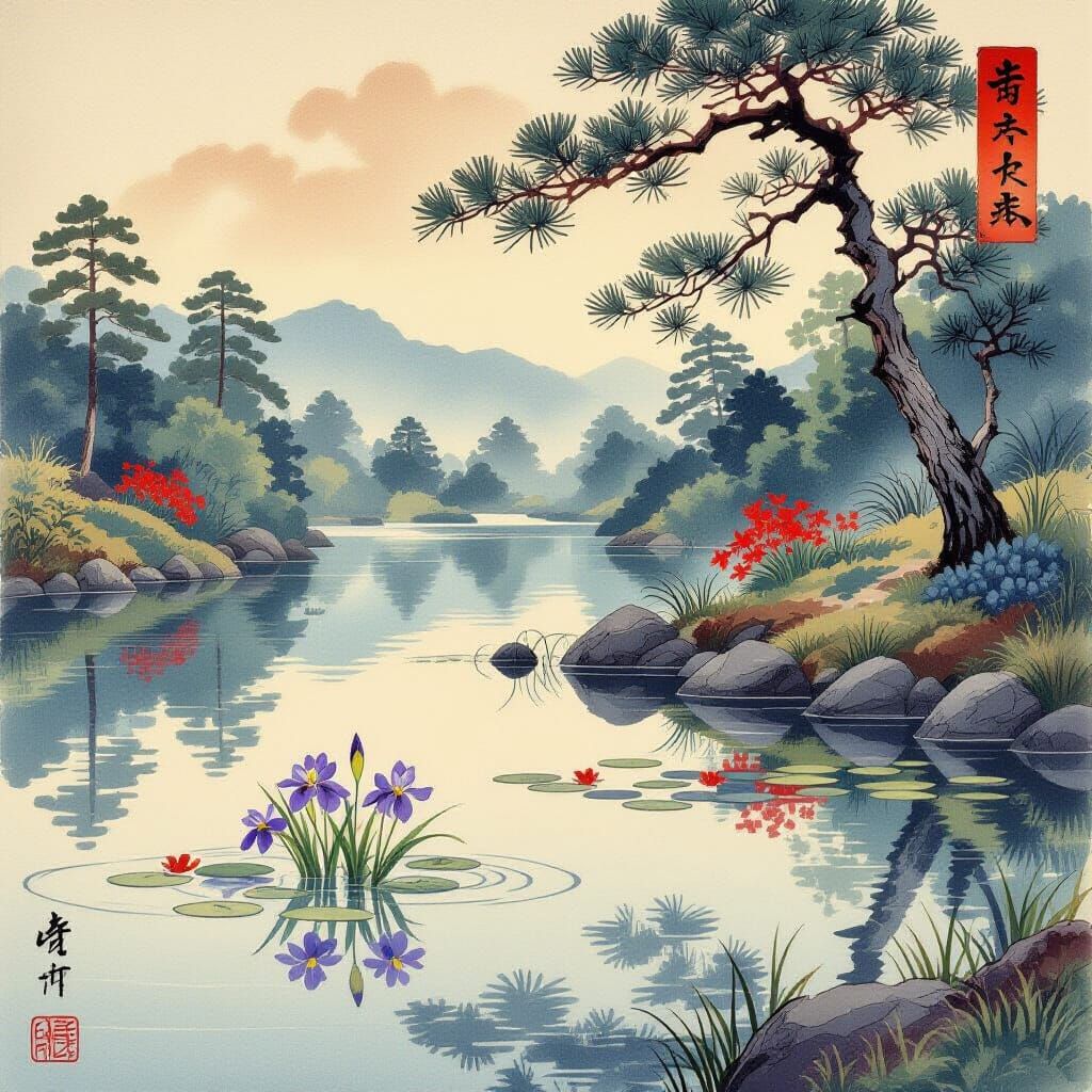 Irises Bloom by Old Pond: Japanese Ukiyo-e Art