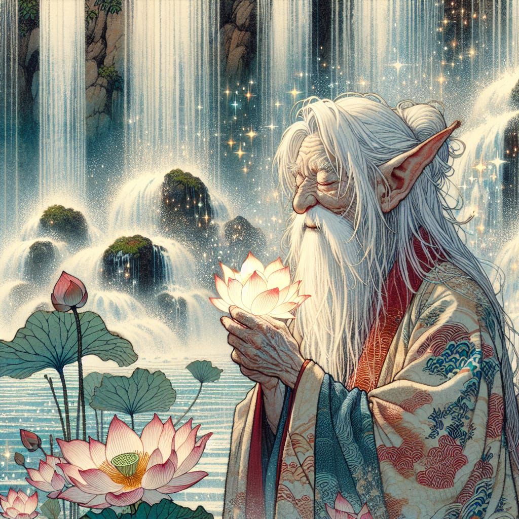 Ancient Goblin Finds Serenity in Japanese Waterfall