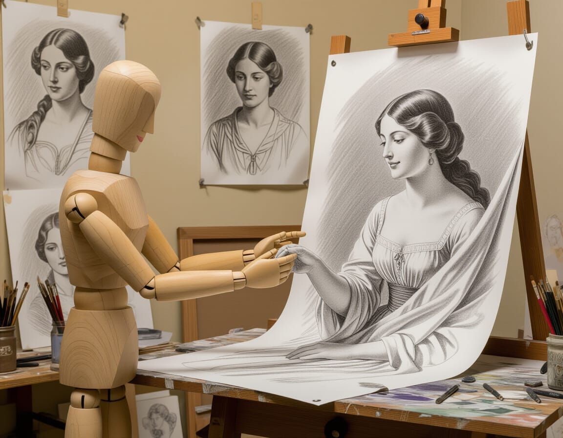 Mannequin Reaches for Woman Emerging from Paper