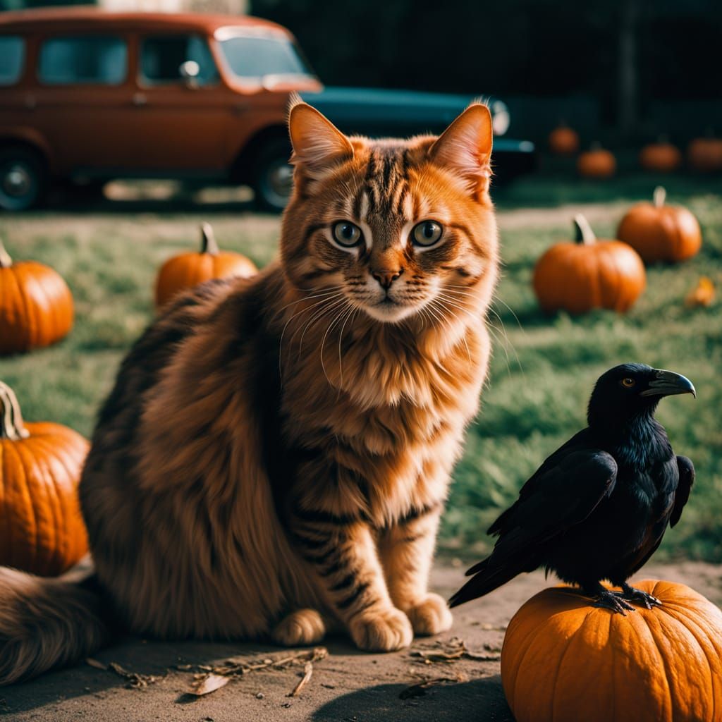 Cinematic Cat and Raven Encounter in Warm Autumn Light