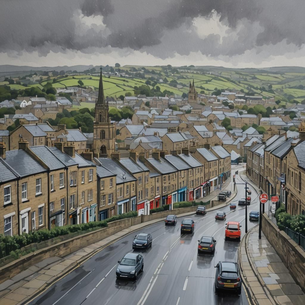 Huddersfield England: Detailed Gouache Painting on Grey Day