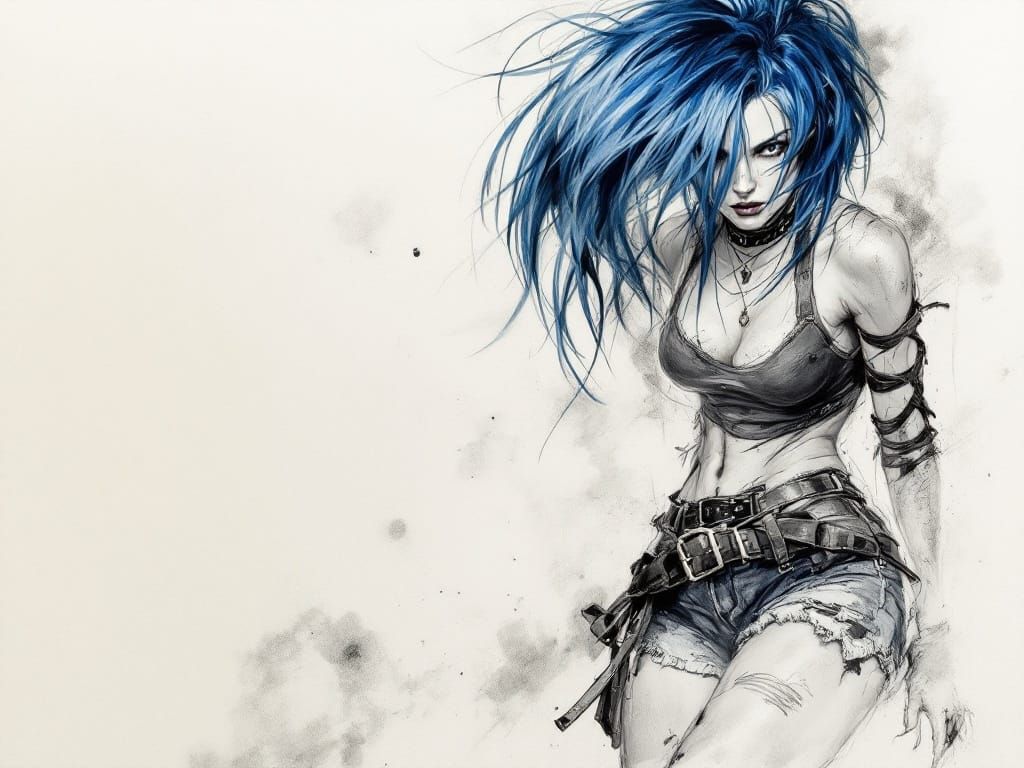 Rebellious Blue-Haired Warrior in Charcoal Figure Study