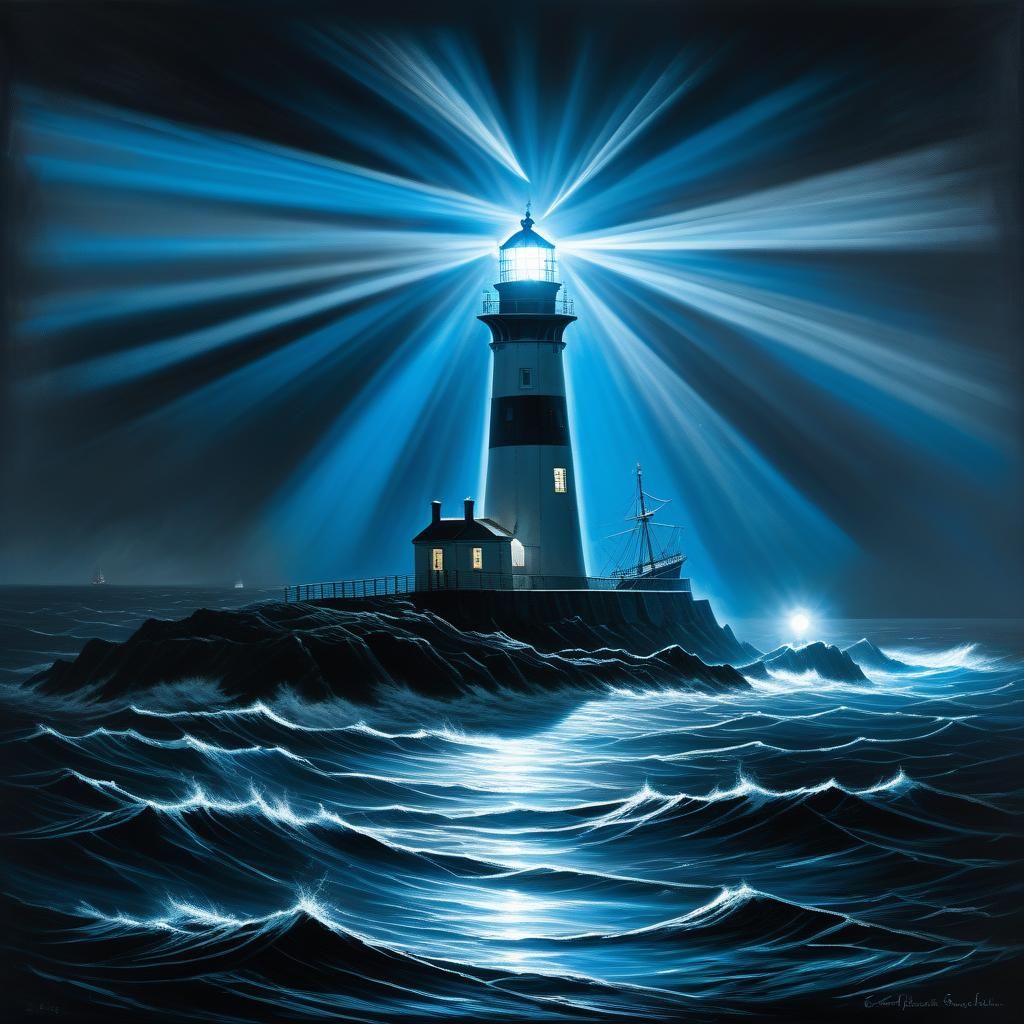 Lighthouse Lights Illuminate Dark Seascape Scene