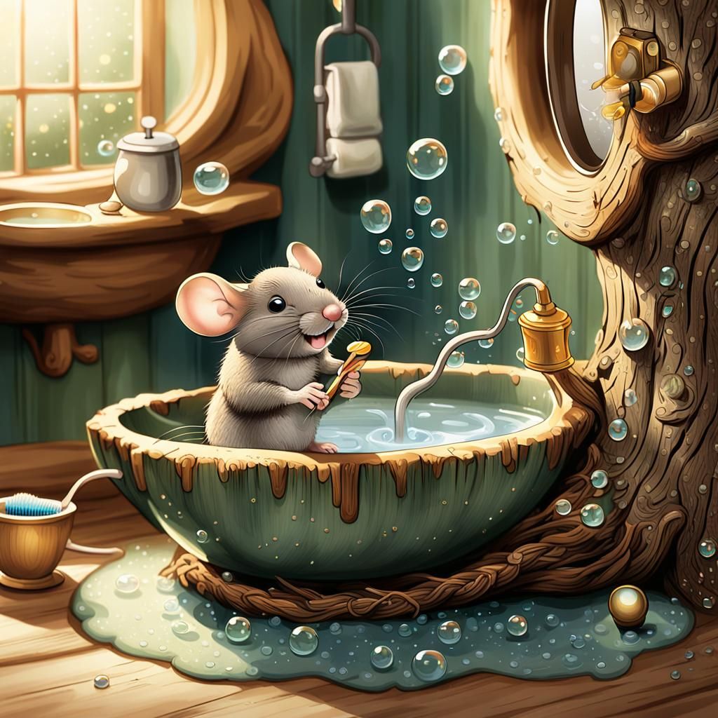 Mouse Bathing in Teacup: Whimsical Watercolor Illustration