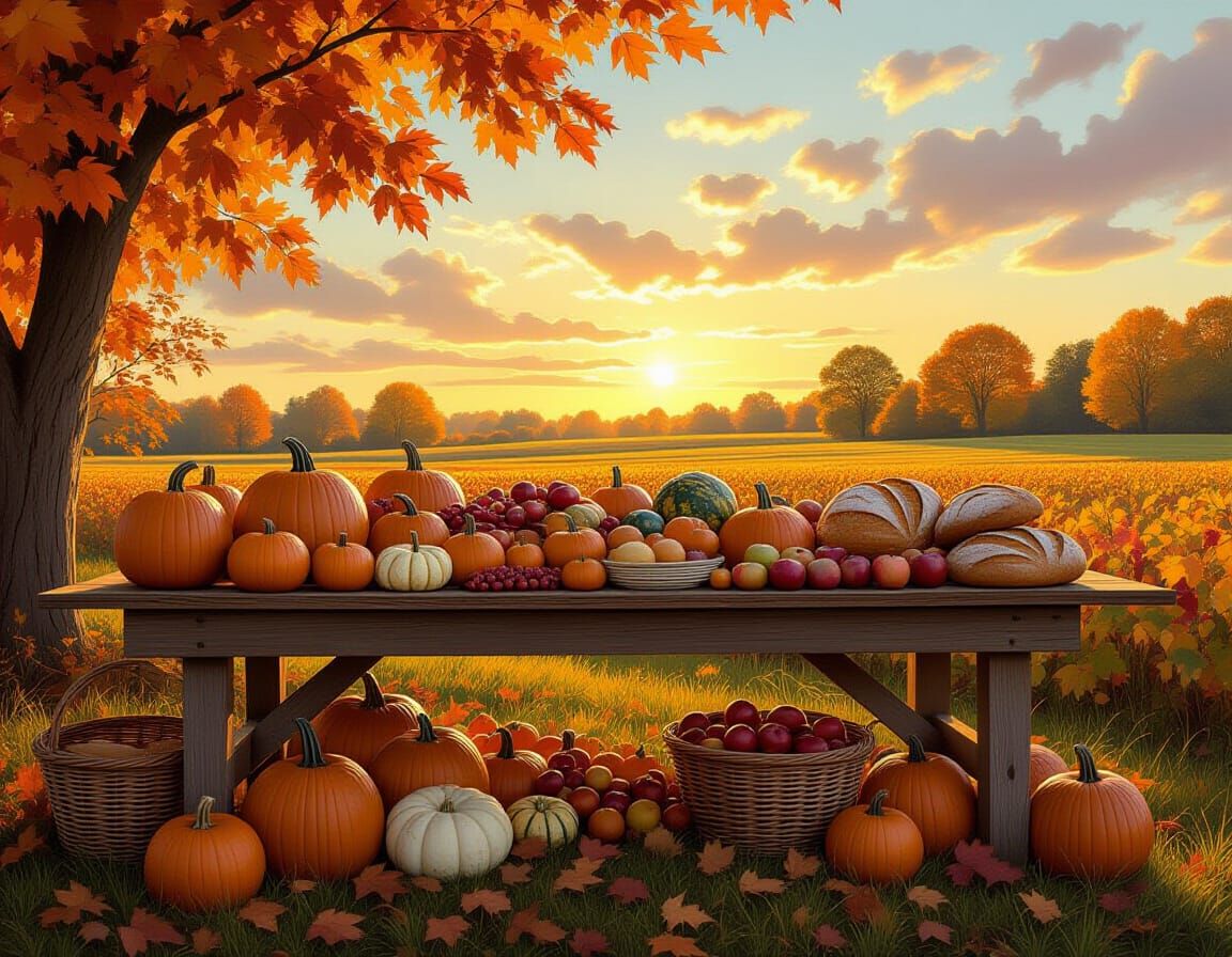 Rustic Harvest Table Laden with Autumn Bounty