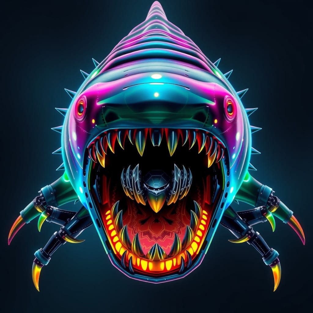 Cyberpunk Shark-Creature with Bioluminescent Armor in Dark F...