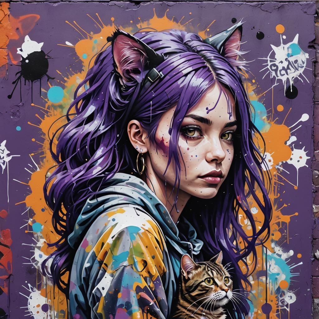 Purple Haired Lady in Cat Graffiti Street Art