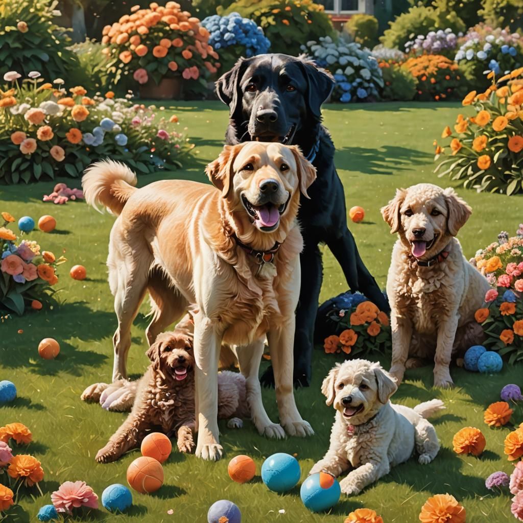 Vibrant Digital Painting of Dogs on a Floral Lawn