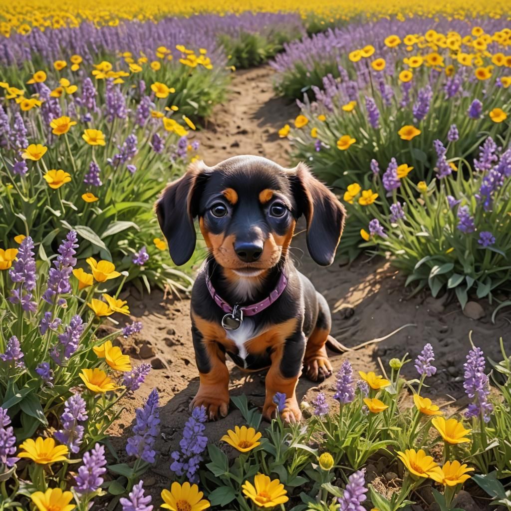 Smiling Dachshund Puppy in Flower Field