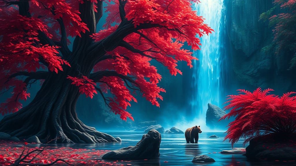 Ancient Tree and Neon Waterfall Digital Painting