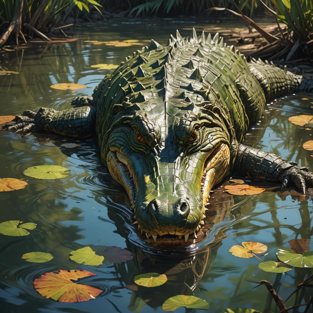 Crocodile Swimming in Mangrove: Hyperrealistic Splash Art