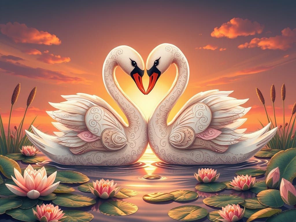 Whimsical Cartoon Swans in a Dreamy Sunset Scene