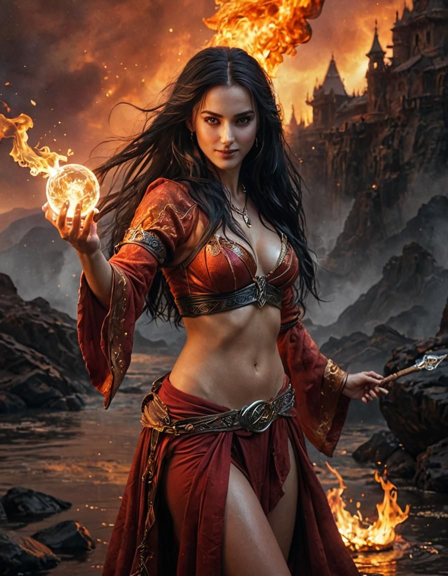 Young Sorceress with Fire Orb in Digital Matte Painting