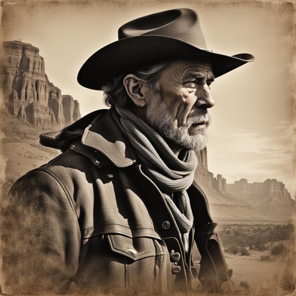 Lone Cowboy Silhouette Against Western Sky