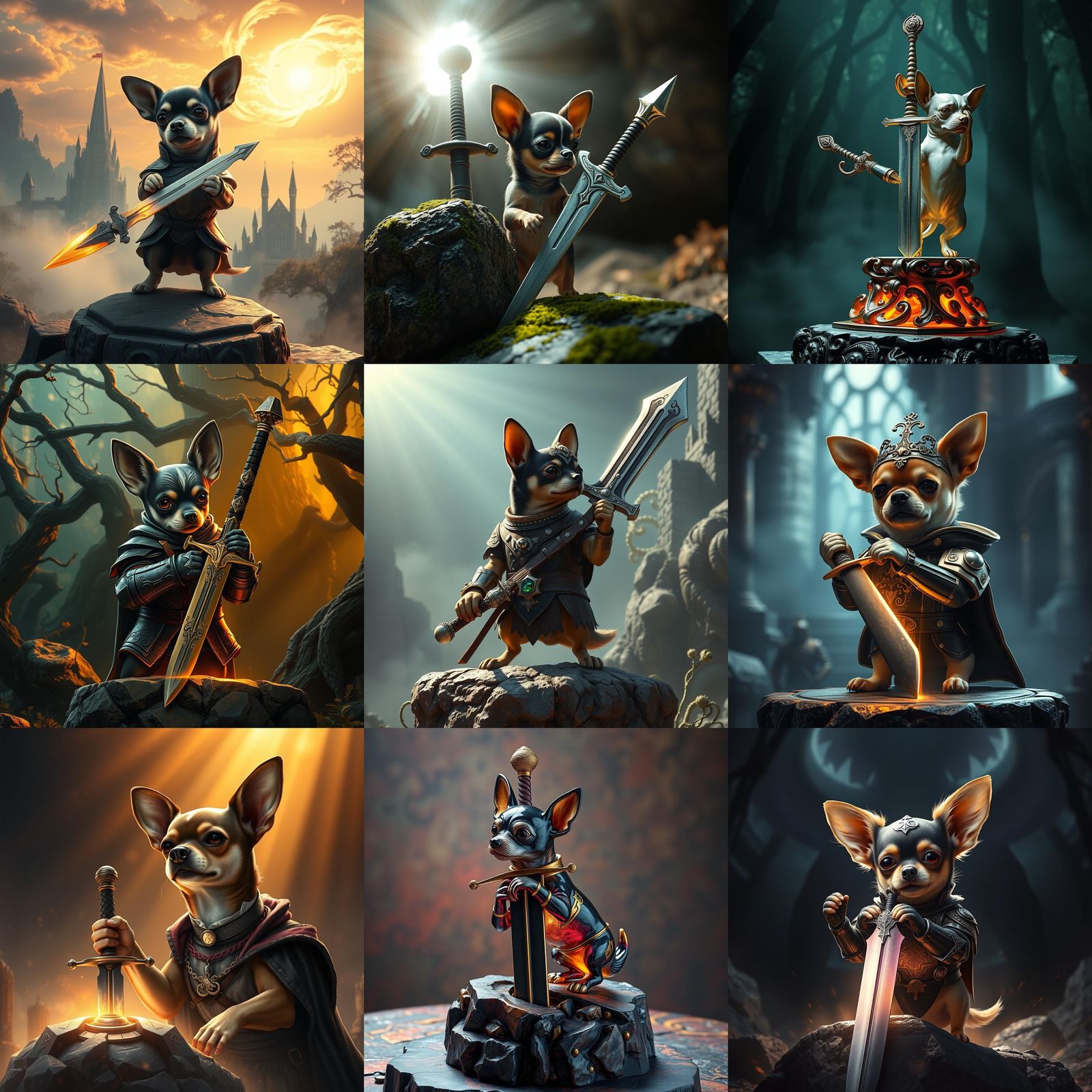 Chihuahua Sculpture Pulls Sword from Stone, Digital Art