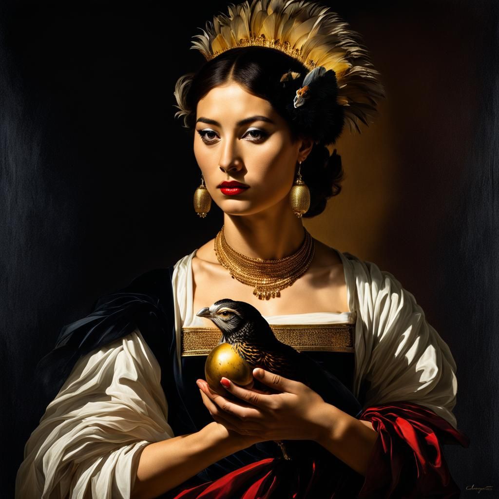 Quail Goddess in Dramatic Caravaggio Style