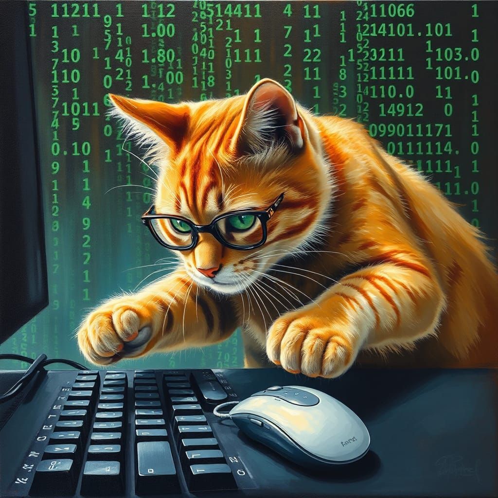 Architect Cat Chasing Mouse in Matrix, Oil Painting