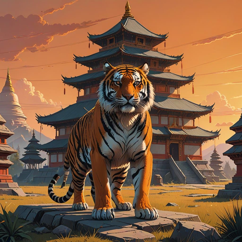 Tiger Approaches Ancient Buddhist Stupa at Sunset