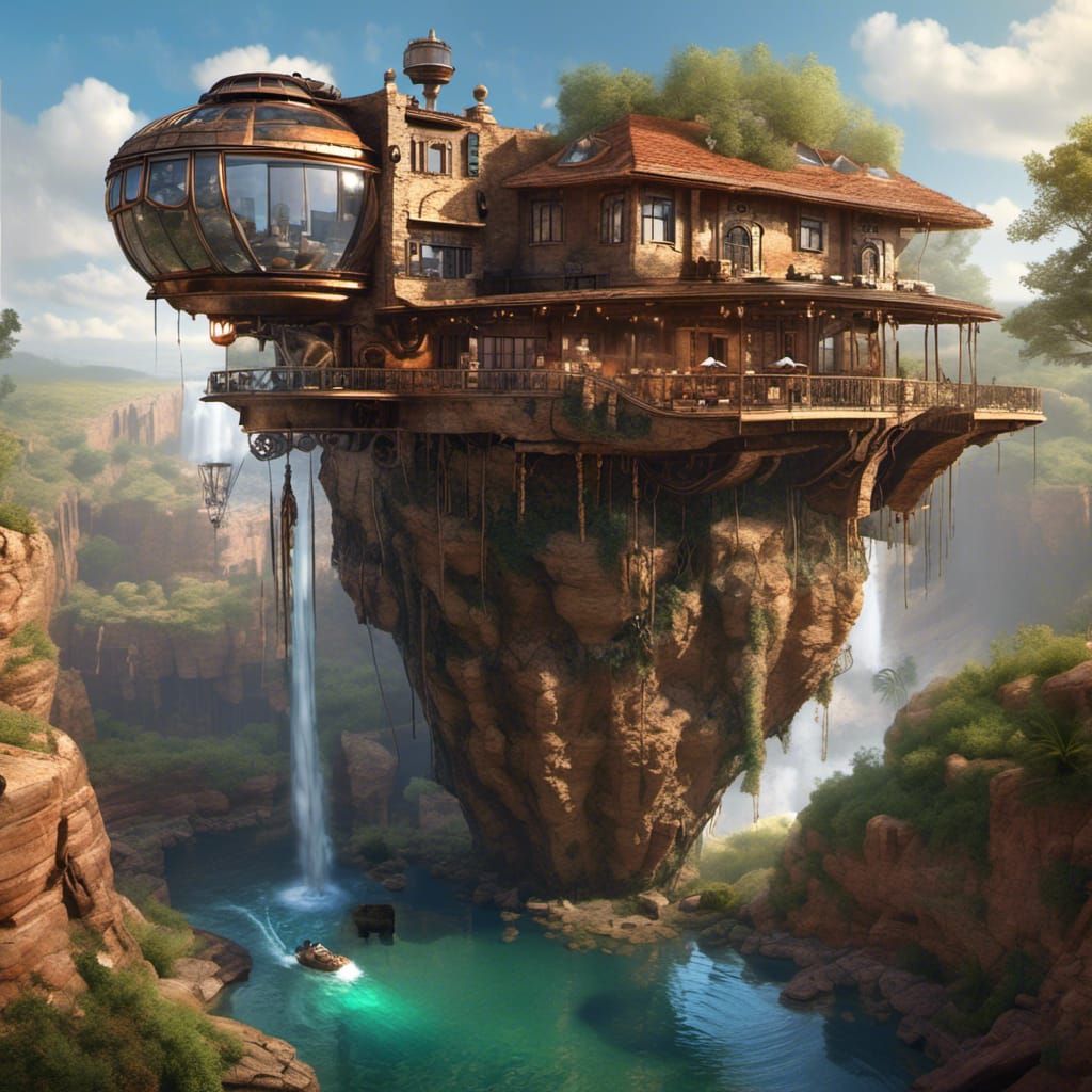 Impossible Steampunk Cliffside House Near Waterfall