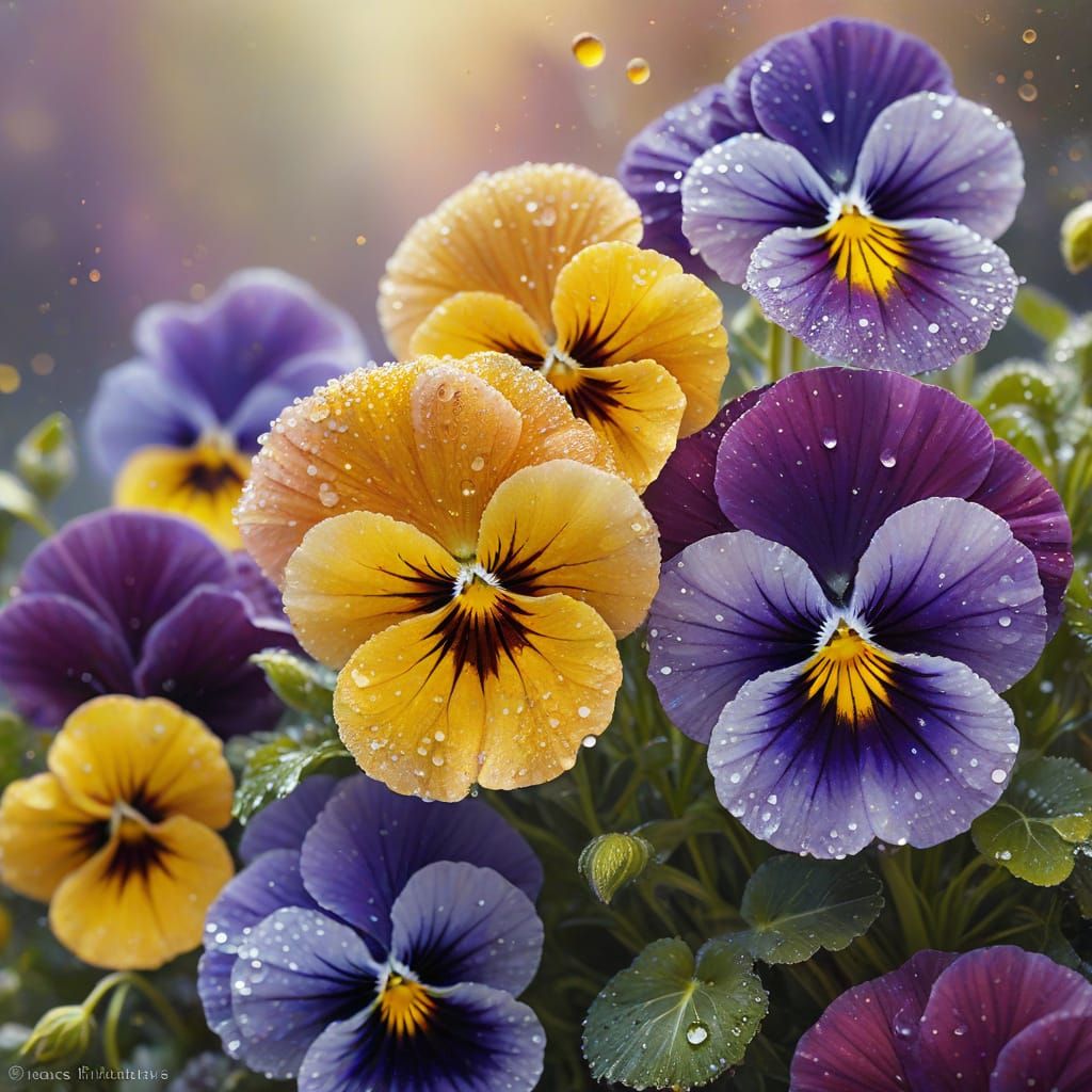 Pointillist Pansies with Dew in Golden Light