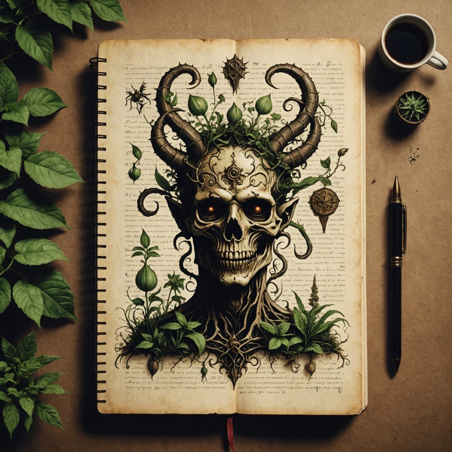 Intricate Fantasy Notebook Page with Monster Art