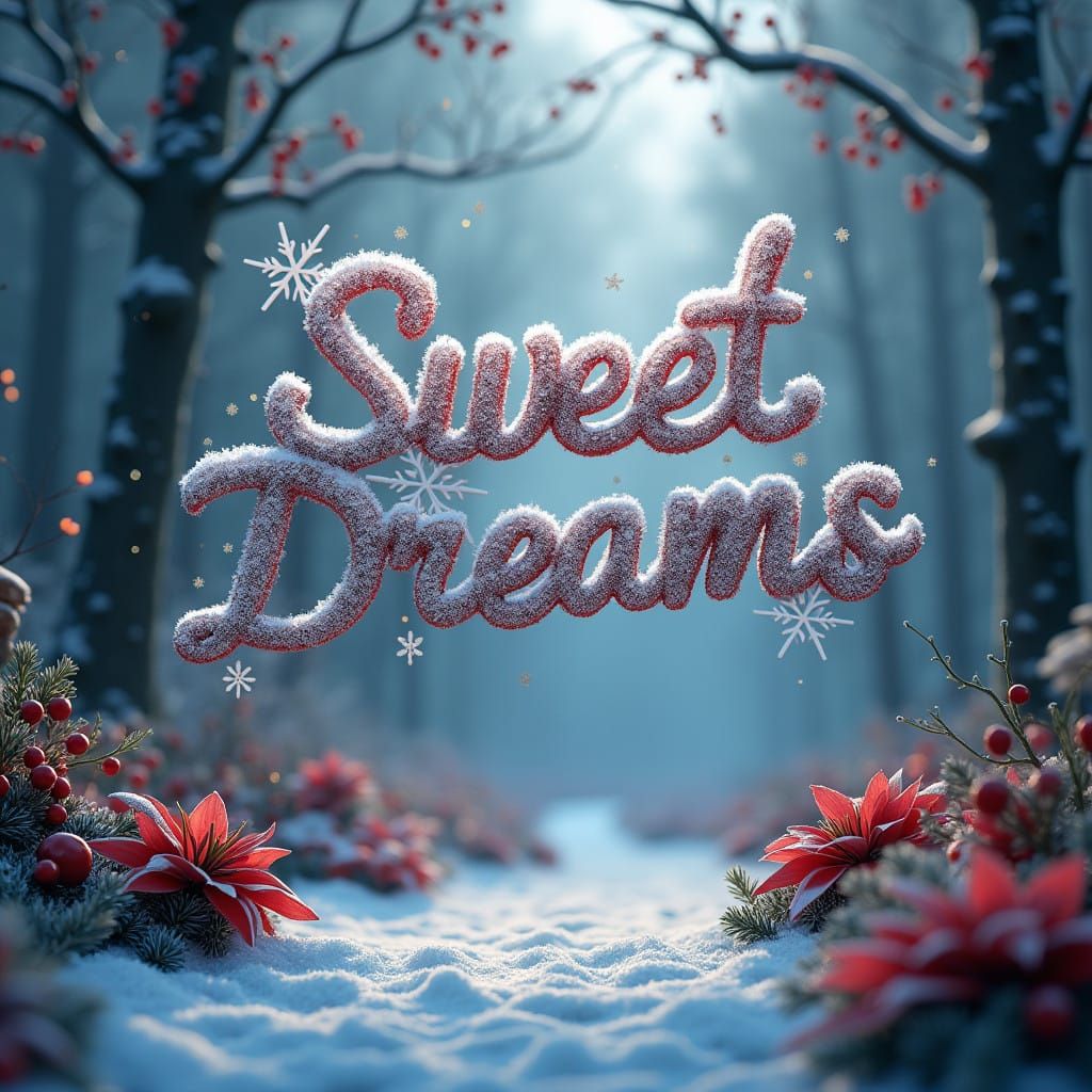 This image shows a whimsical winter scene with the words 'Sweet Dreams' crafted from delicate snowflakes and red berries...