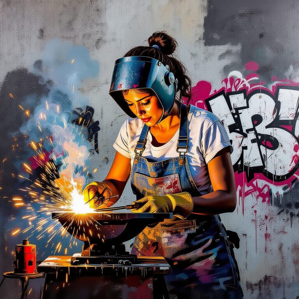 Welder in Vibrant Graffiti Art Style Street Scene