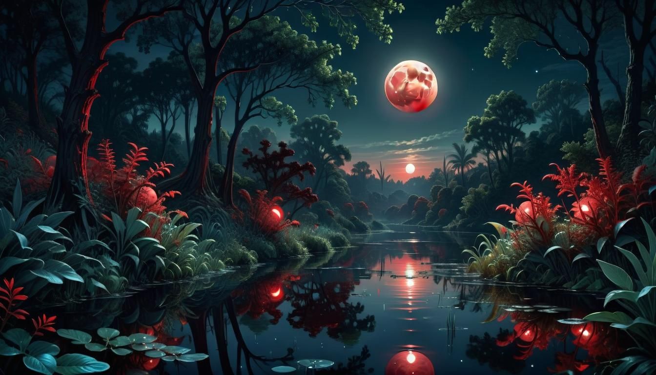 Blood Moonlit Night Landscape in Dark Romantic Style