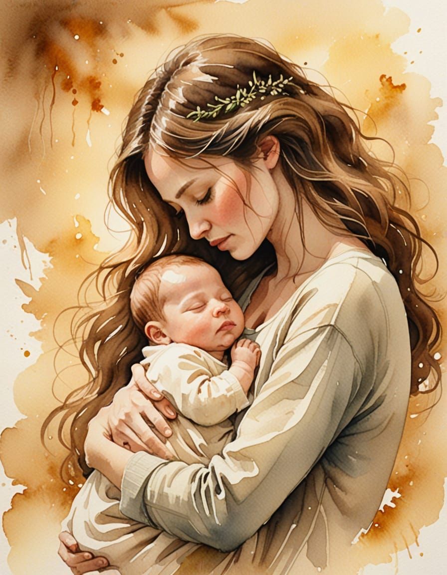 Dreamy Watercolor Newborn in Mother's Arms