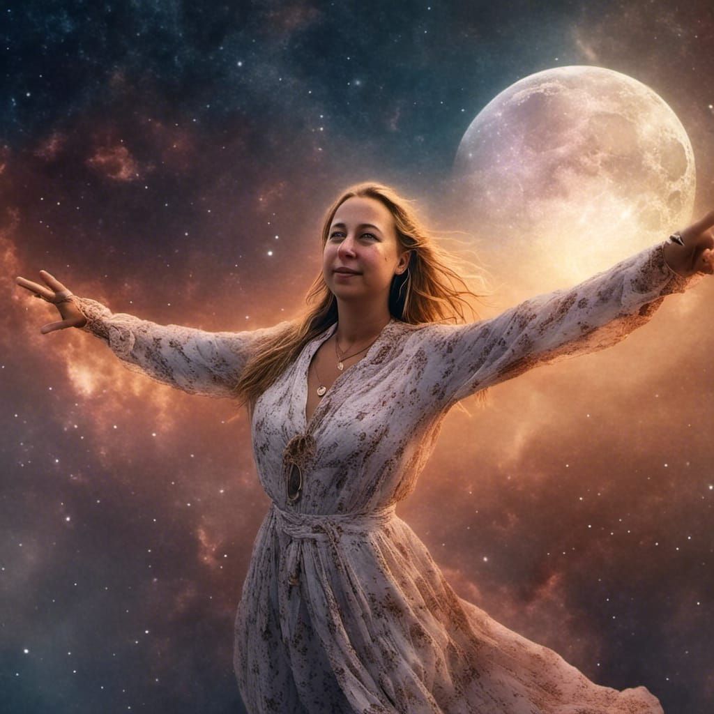 Owl Woman Flying in Moonlight Galaxy Sky