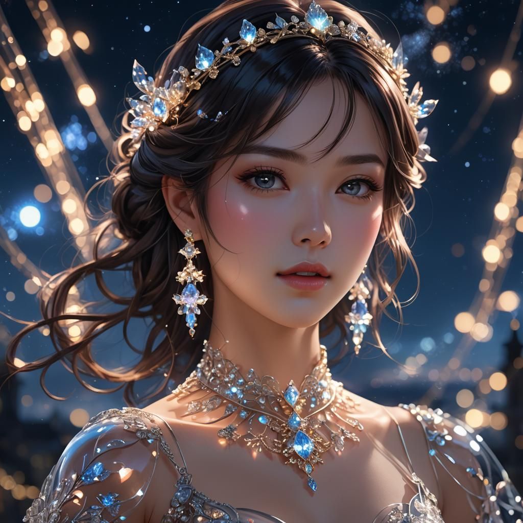 Anime Woman in Glass Dress and Night Sky