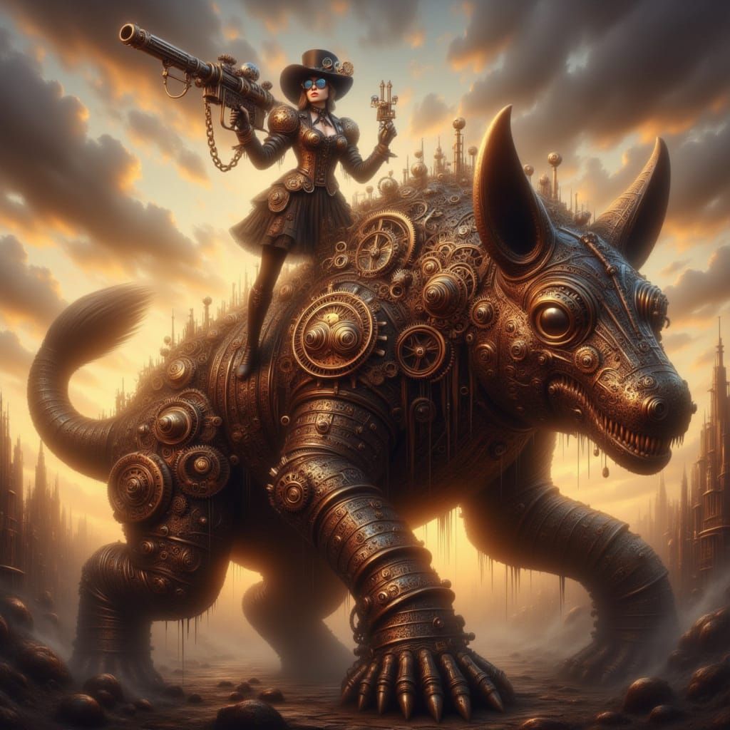 Steampunk Adventurer Victorious Over Clockwork Golem