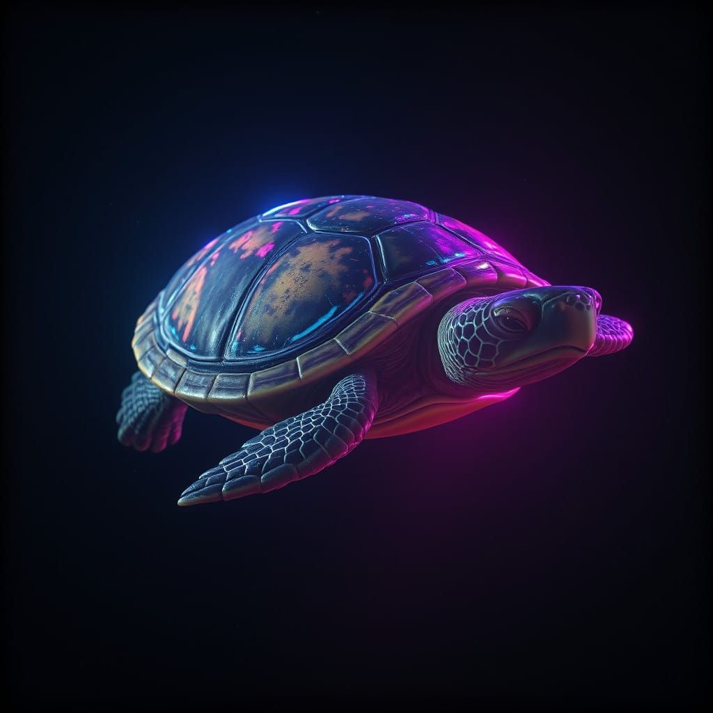 Ethereal Turtle in Space with Glowing Holographic Shell
