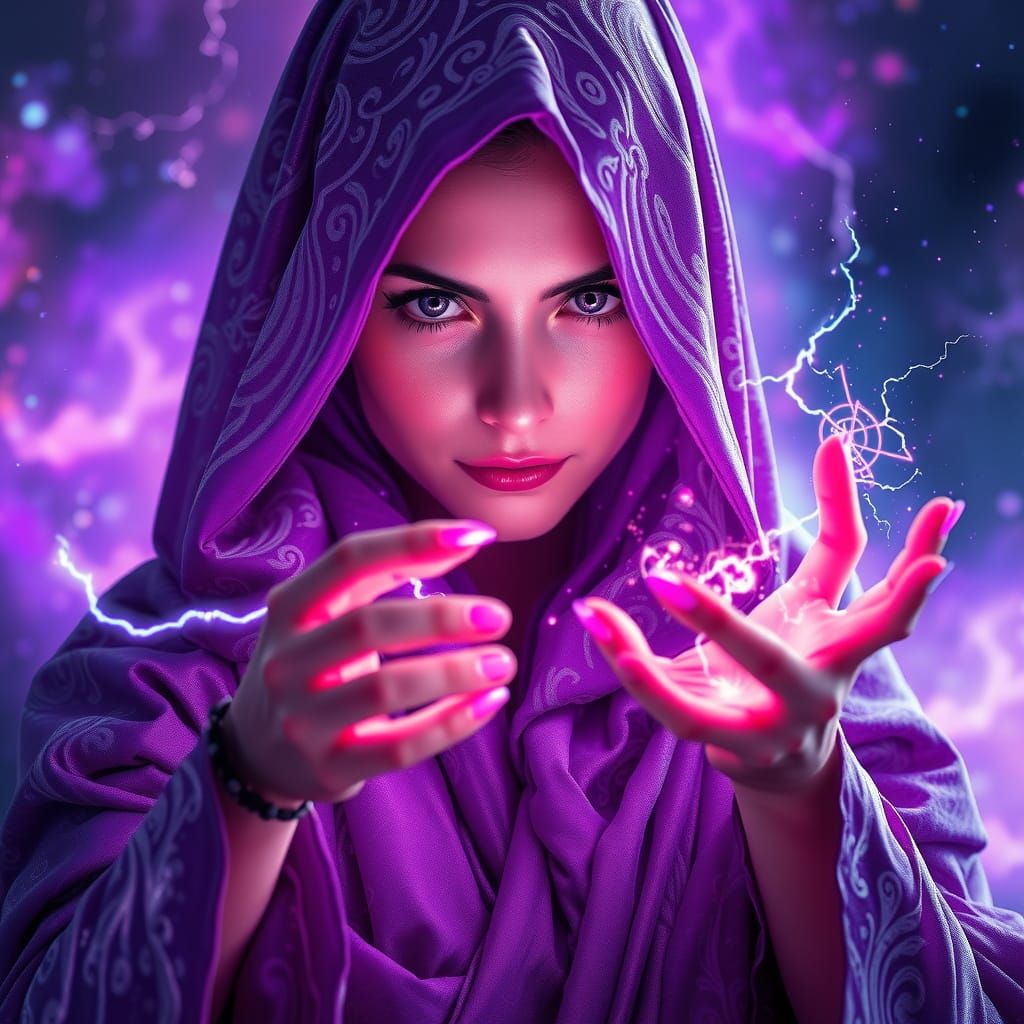 Mystical Sorceress Weaves Violet Lightning