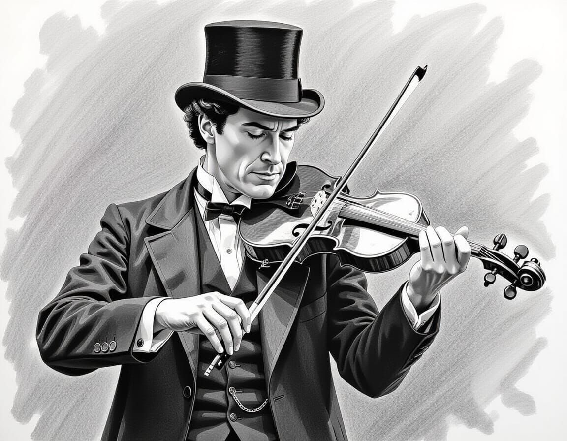 Sherlock Holmes Plays Violin in Pencil Drawing