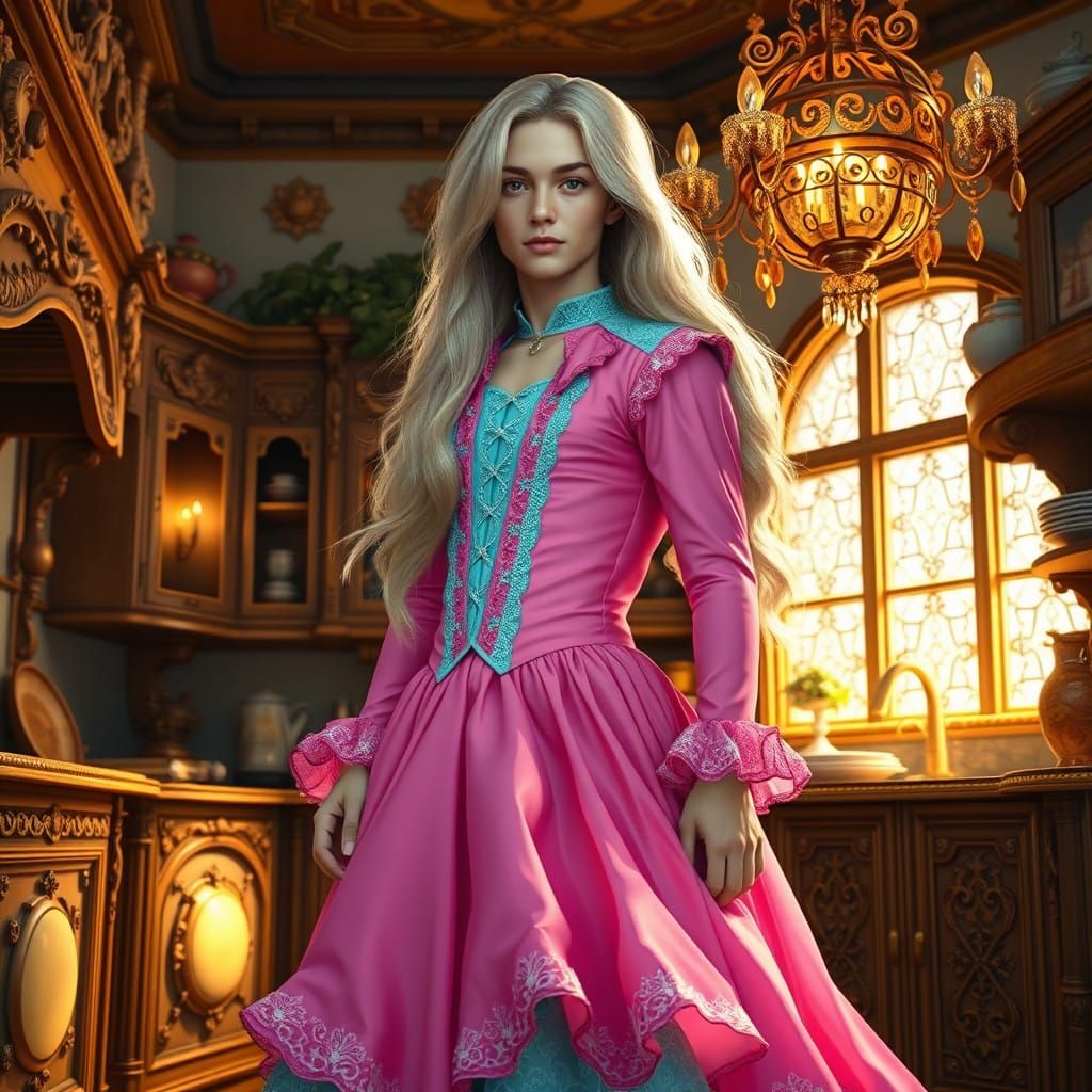 Young Man in Whimsical Victorian-Inspired Gown, Standing in...