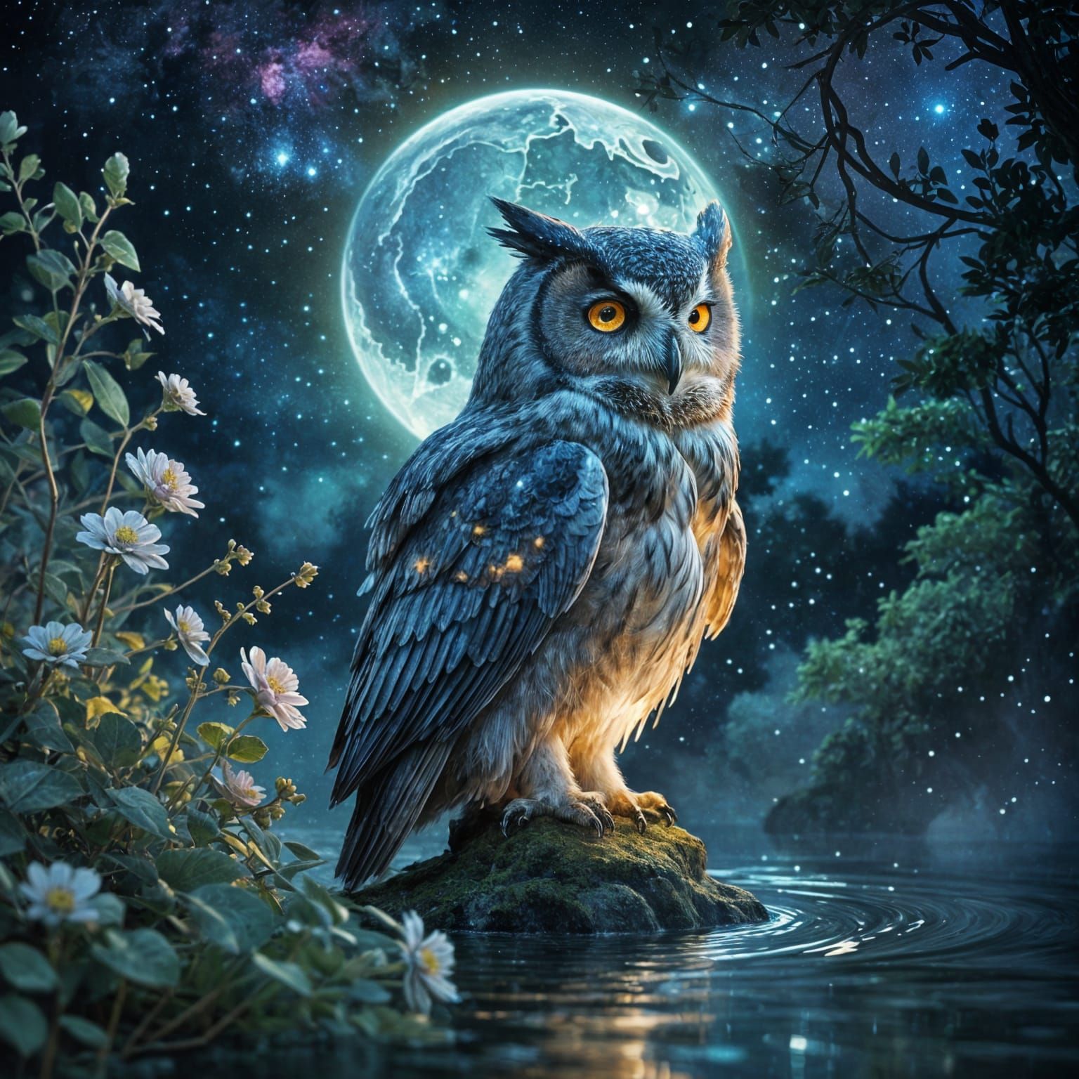 Ethereal Watercolor Owl Rises from Dreamy Pool