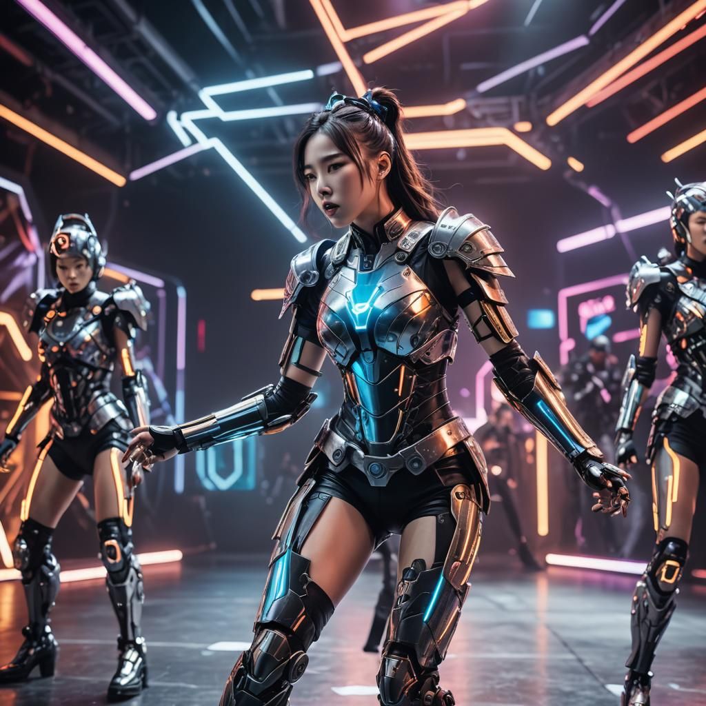 Futuristic Neon Cyborg K-Pop Idol Dance Battle