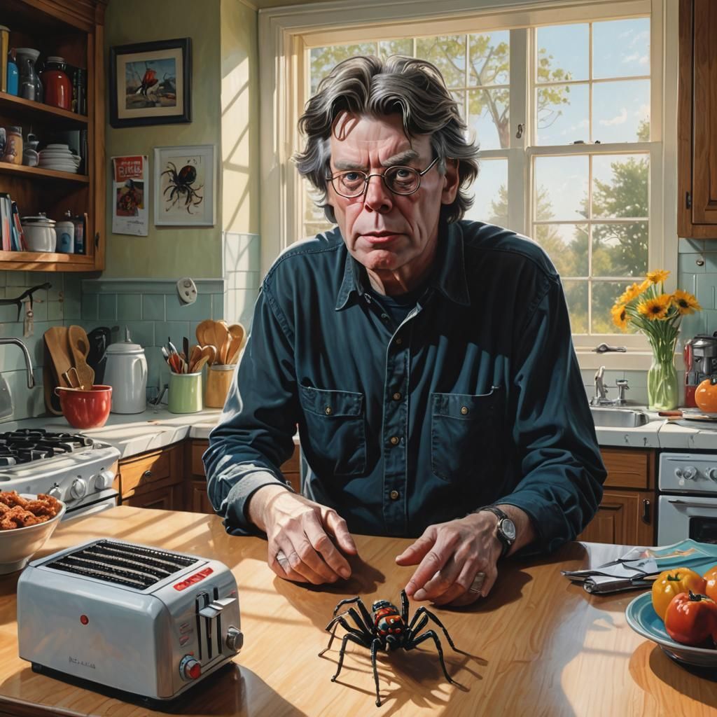 Stephen King in Kitchen with Colorful Spider