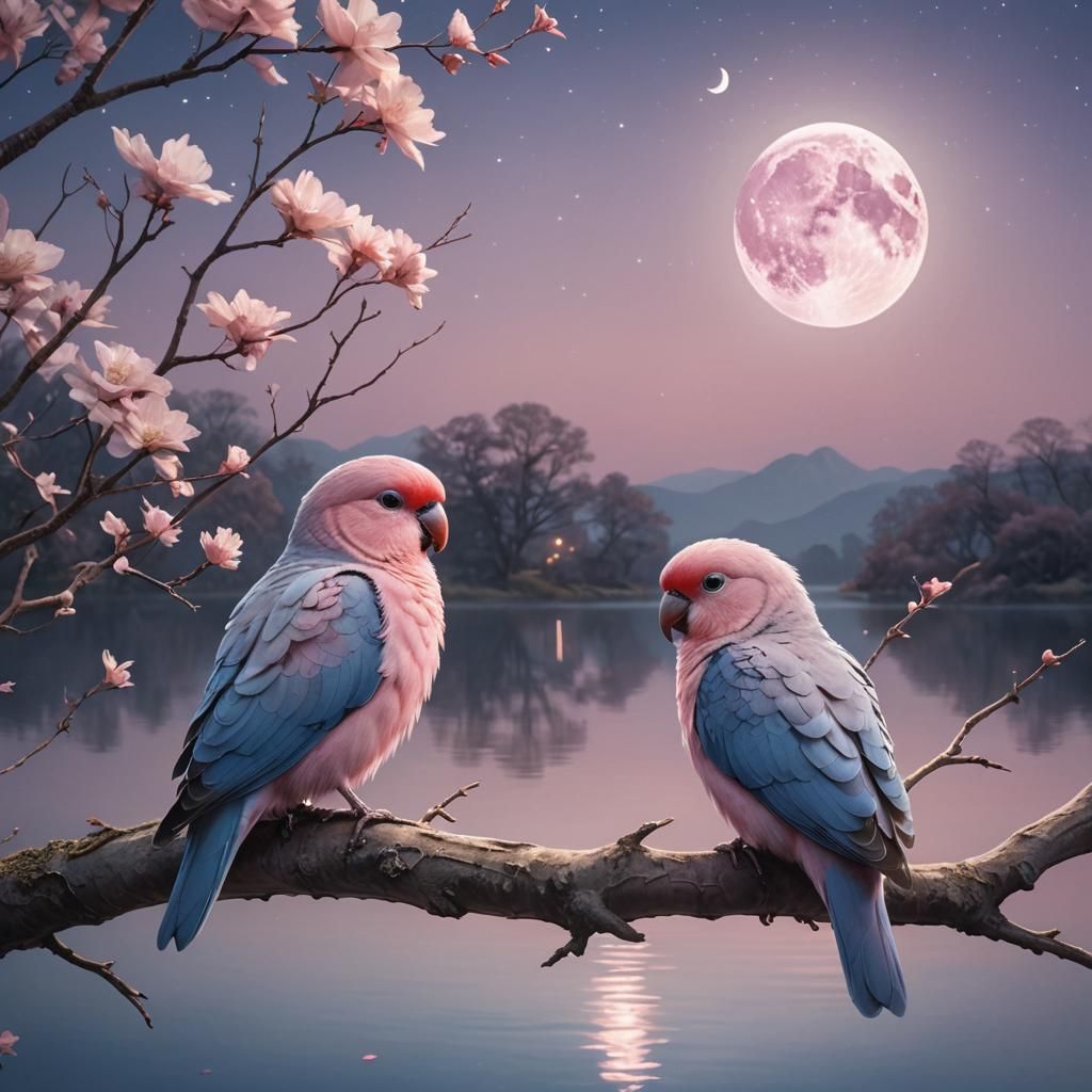 Lovebirds Over Moonlit Lake: Dreamy Fantasy Art