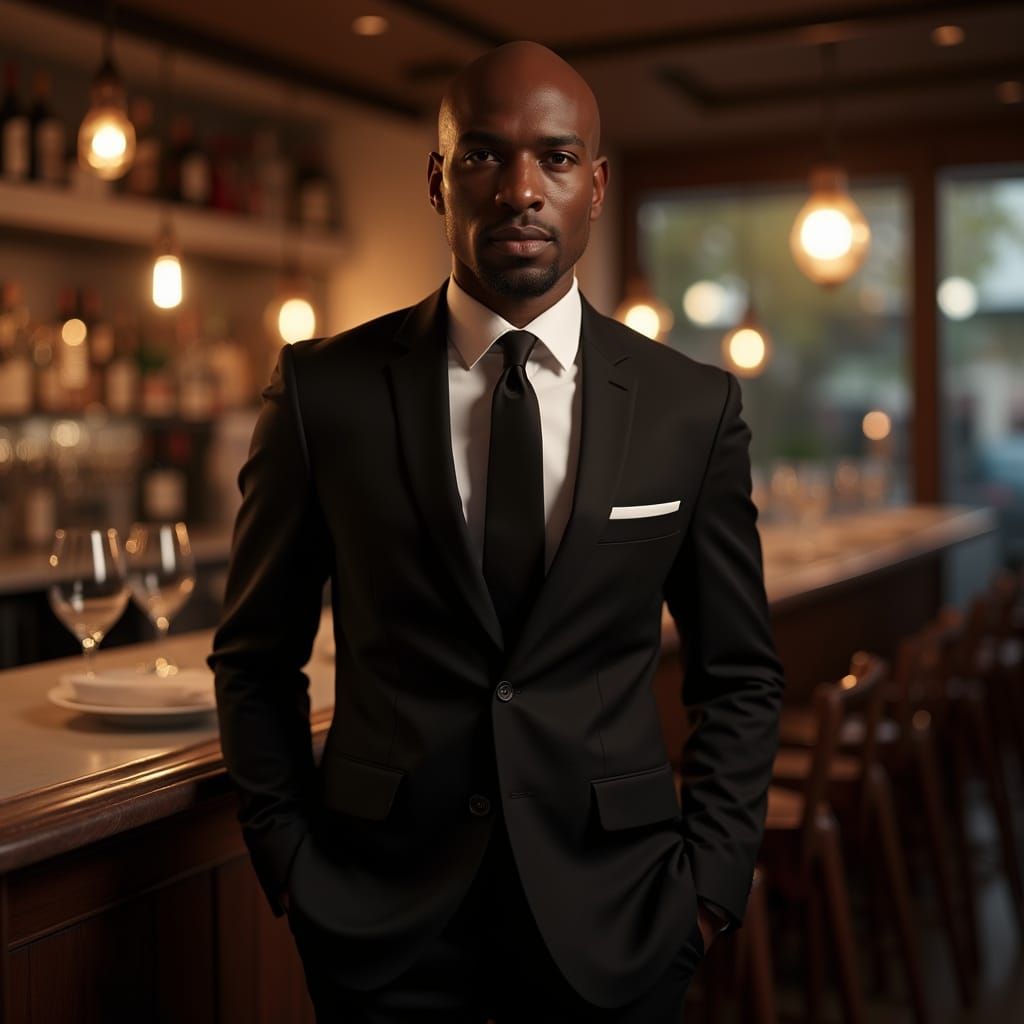 Hyperrealistic Photo of Bald Black Man in Suit at Upscale Re...