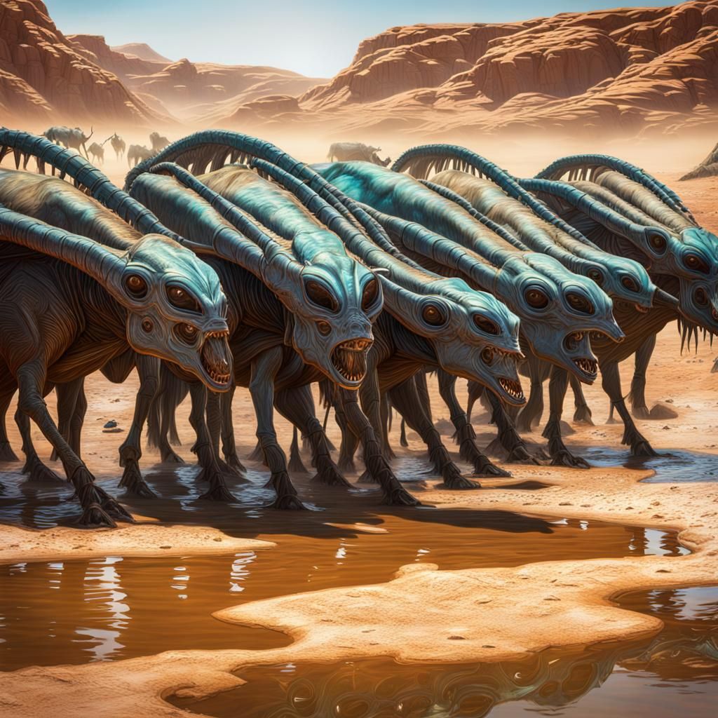 Alien Herd at Desert Waterhole: Cinematic Realism