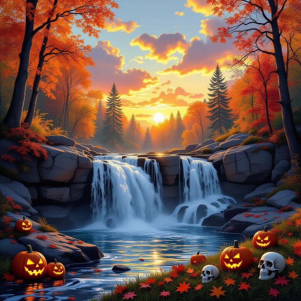 Autumn Waterfall at Sunset in Concept Art Style
