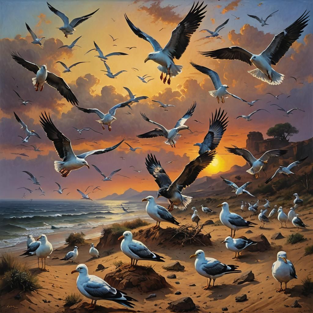 Seagulls Reach African Sunset: Oil Painting