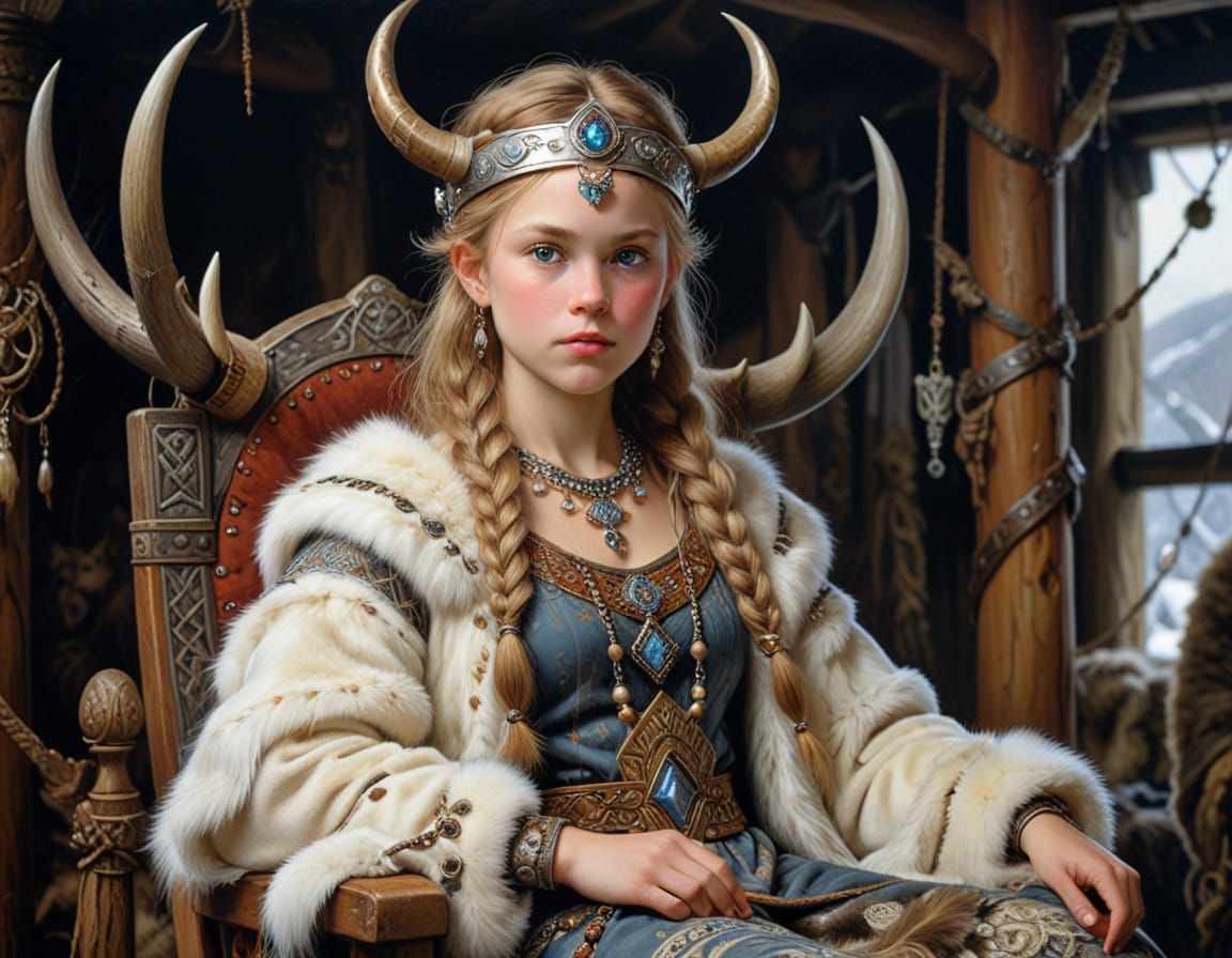 Viking Princess on Stag Throne in Longhouse Oil Painting