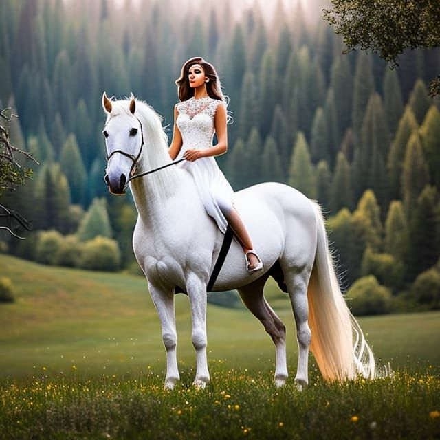 Woman on White Horse in Summer Meadow